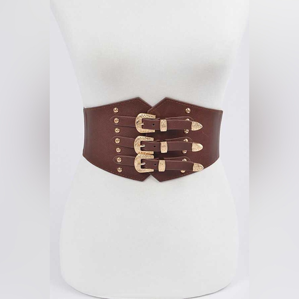 Vegan Leather Triple Buckle Corset Statement Belt - Picture 3 of 7